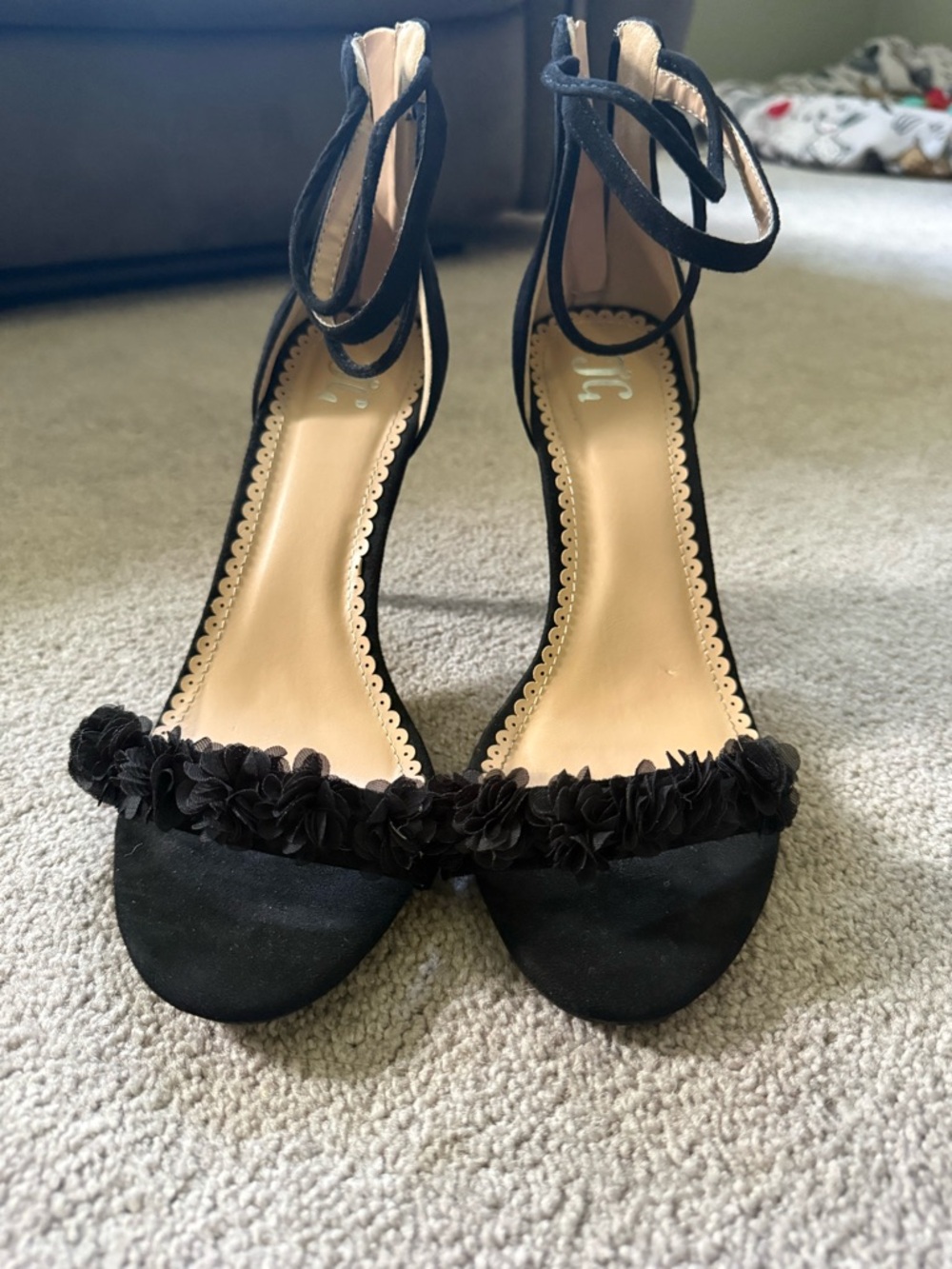 Black Ankle-Strap Floral-Trim Heels